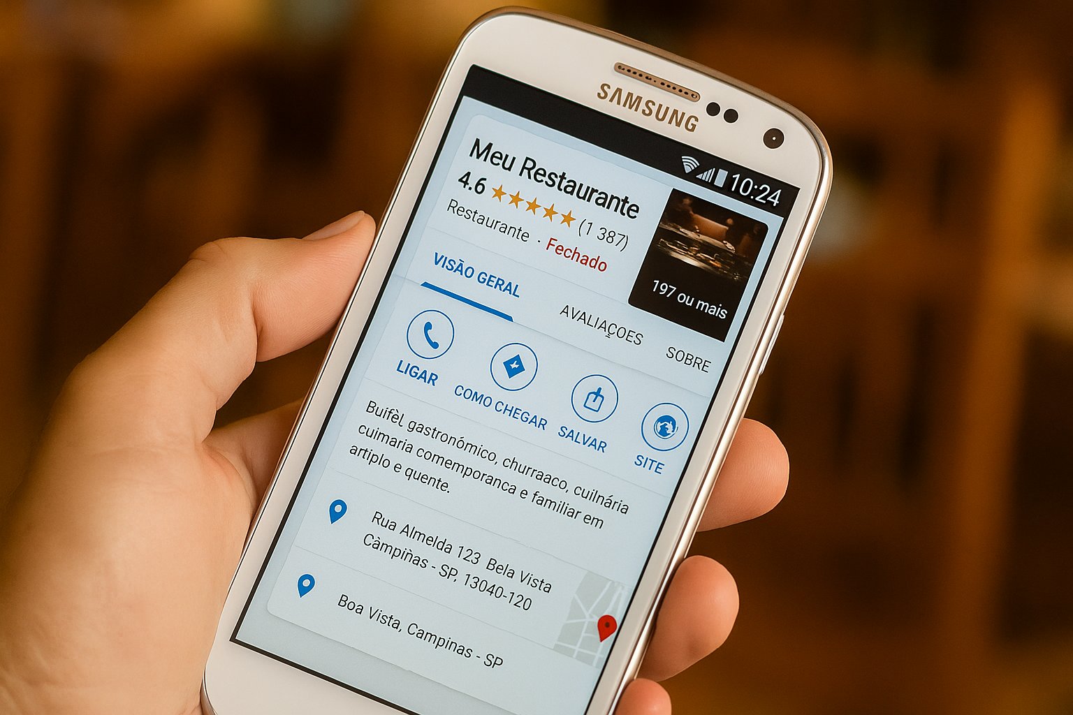 Tela de celular exibindo um exemplo do Google Perfil de Empresa, com informações de contato, avaliações e mapa.