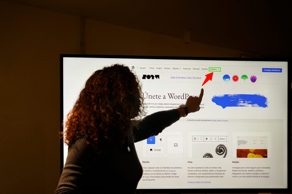 Pessoa apontando para uma pagina de site exibida em tela grande durante apresentacao de design web