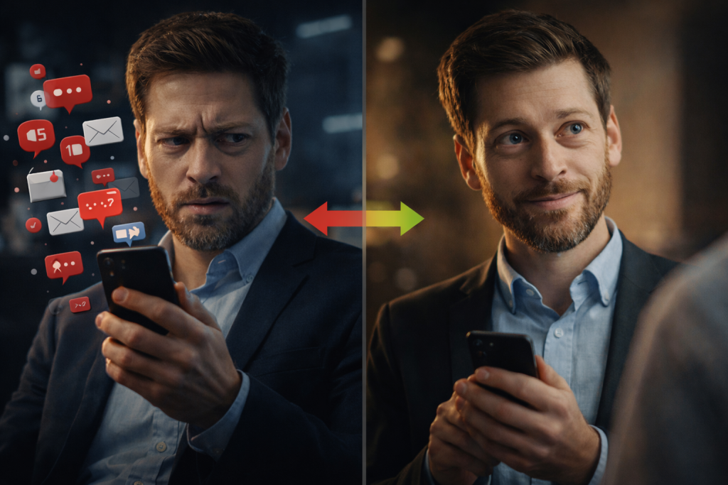 Comparação entre venda forçada e venda natural mostrando um cliente desconfortável com excesso de mensagens de um lado e uma interação mais leve e confiante do outro.