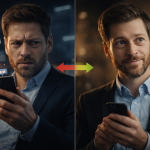 Comparação entre venda forçada e venda natural mostrando um cliente desconfortável com excesso de mensagens de um lado e uma interação mais leve e confiante do outro.